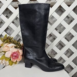 Etienne Aigner Black Leather Low Heeled Tall Boots Size 10.5